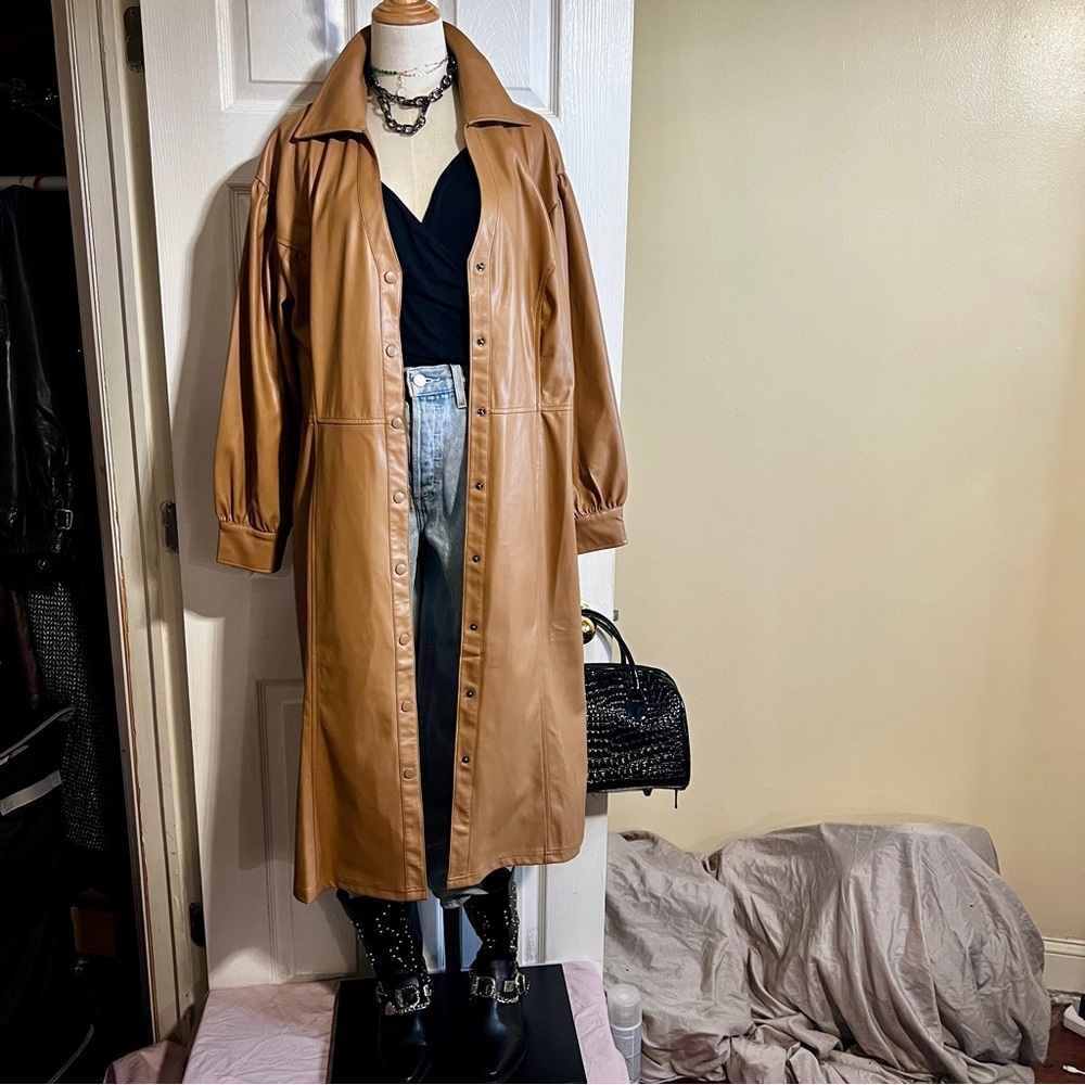 Womens Caramel Faux Leather Retro Puff Sleeve Boho Button Duster Dress Coat 1XP - Picture 9 of 16